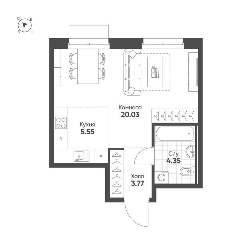 Студия-квартира, 33.7 м²