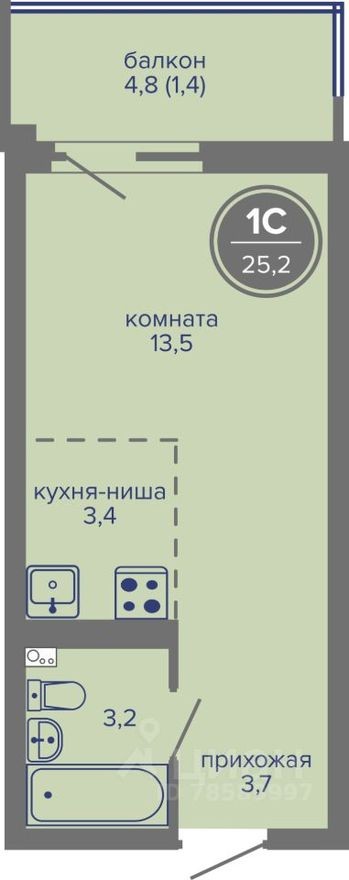 1к. квартира, 25.2 м²