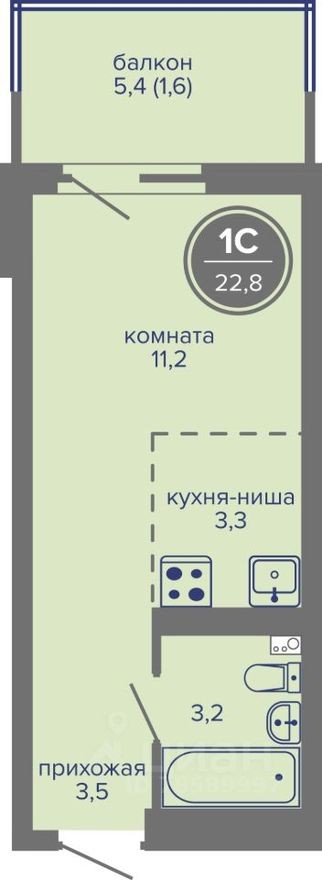 1к. квартира, 22.8 м²
