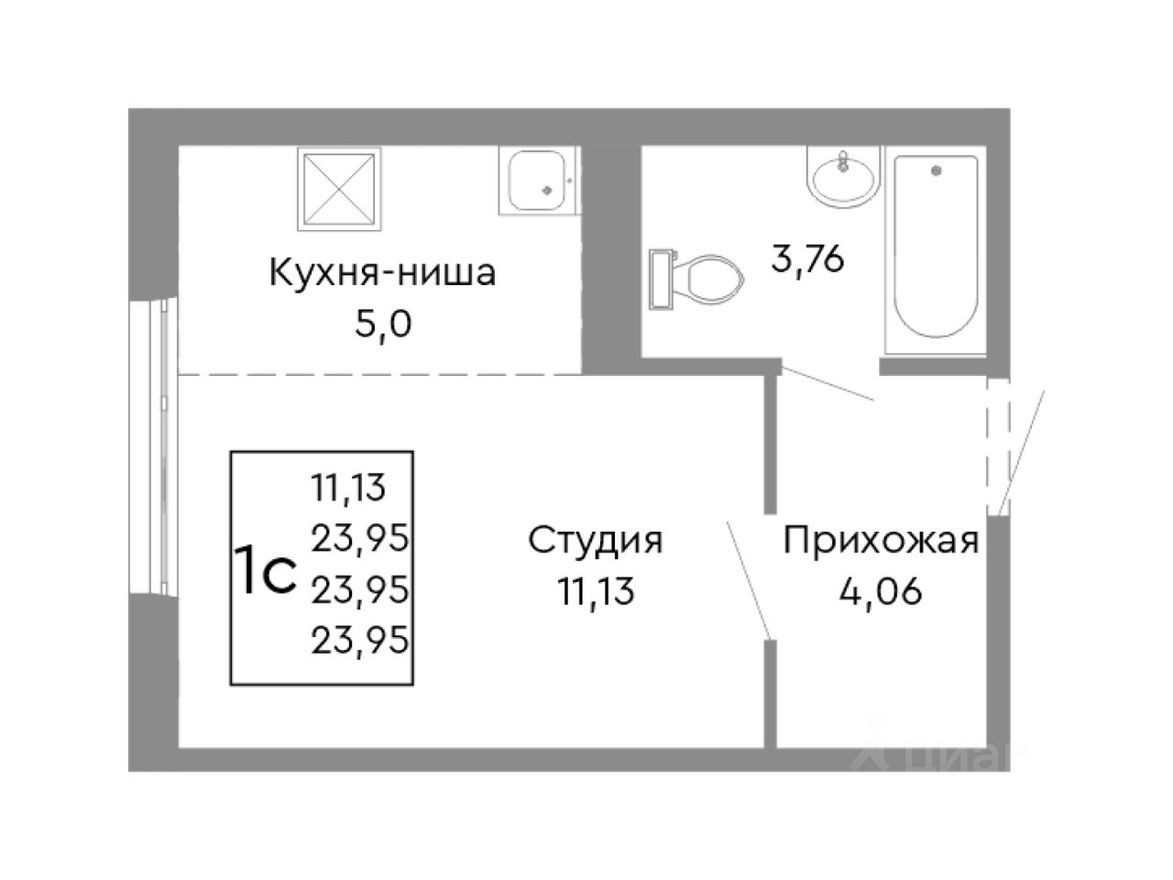 1к. квартира, 24.0 м²