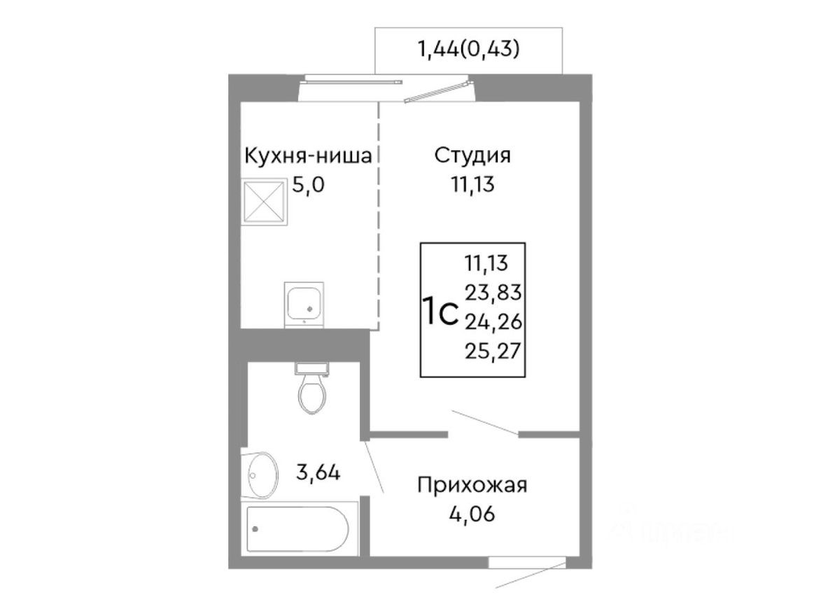 1к. квартира, 24.3 м²