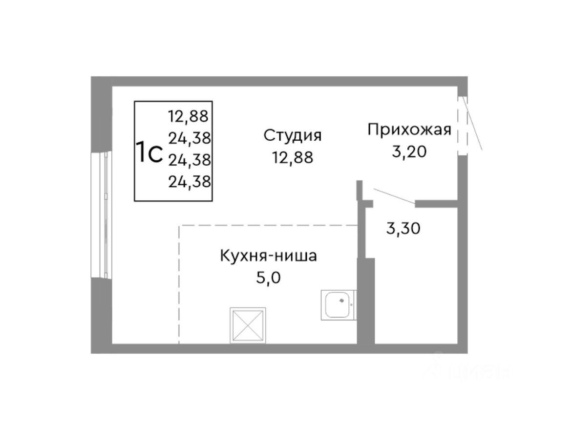 1к. квартира, 24.4 м²