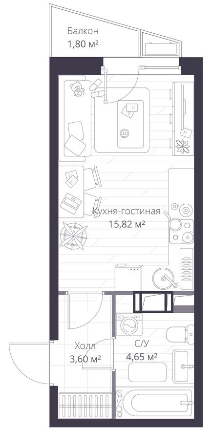 Студия-квартира, 24.6 м²