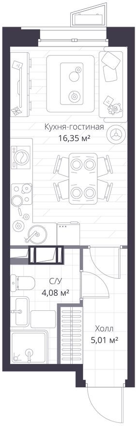 Студия-квартира, 25.4 м²