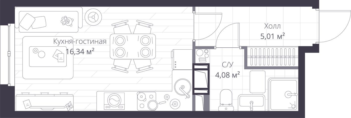 Студия-квартира, 25.4 м²