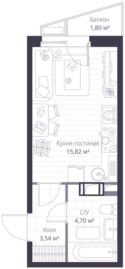Студия-квартира, 24.6 м²