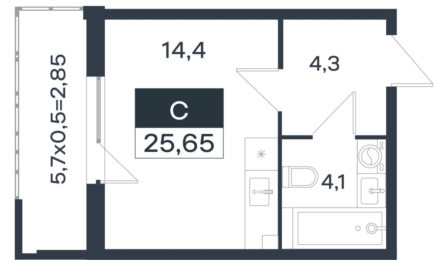 Студия-квартира, 25.7 м²