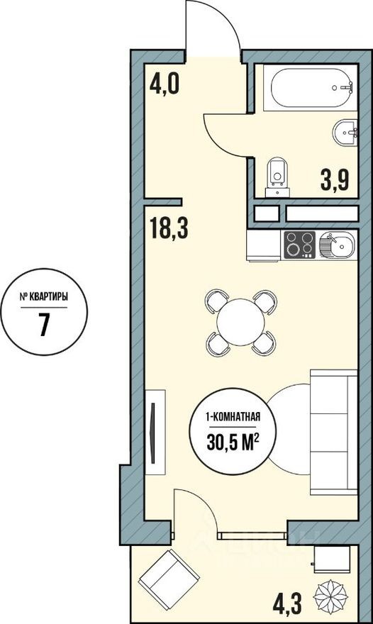 Студия-апартаменты, 27.5 м²
