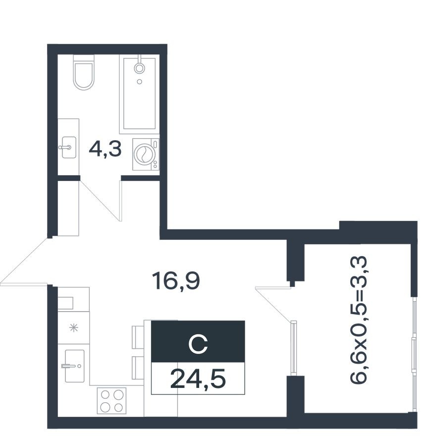 Студия-квартира, 24.5 м²