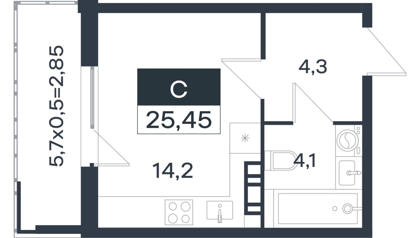 Студия-квартира, 25.5 м²