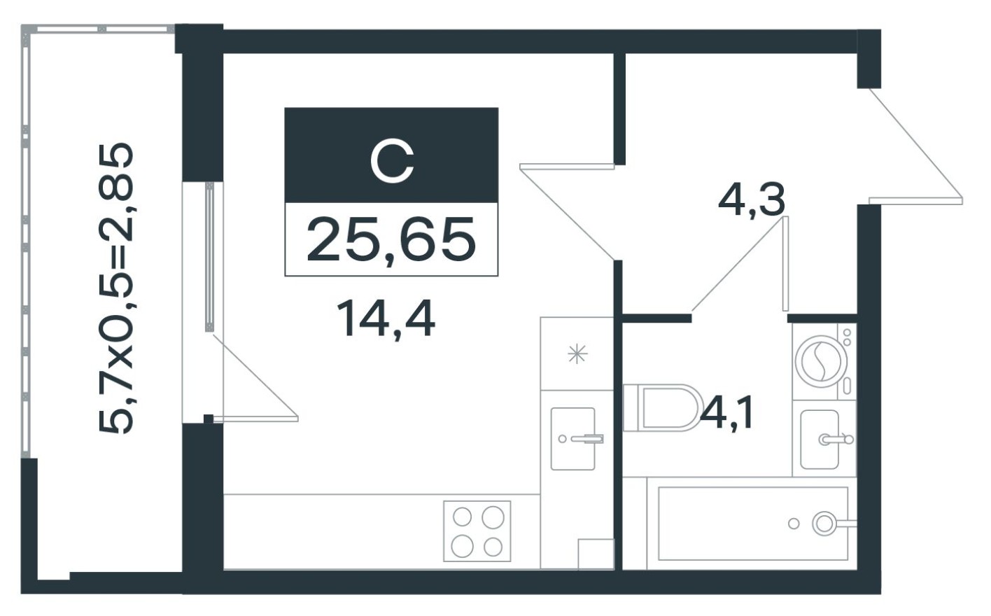 Студия-квартира, 25.7 м²