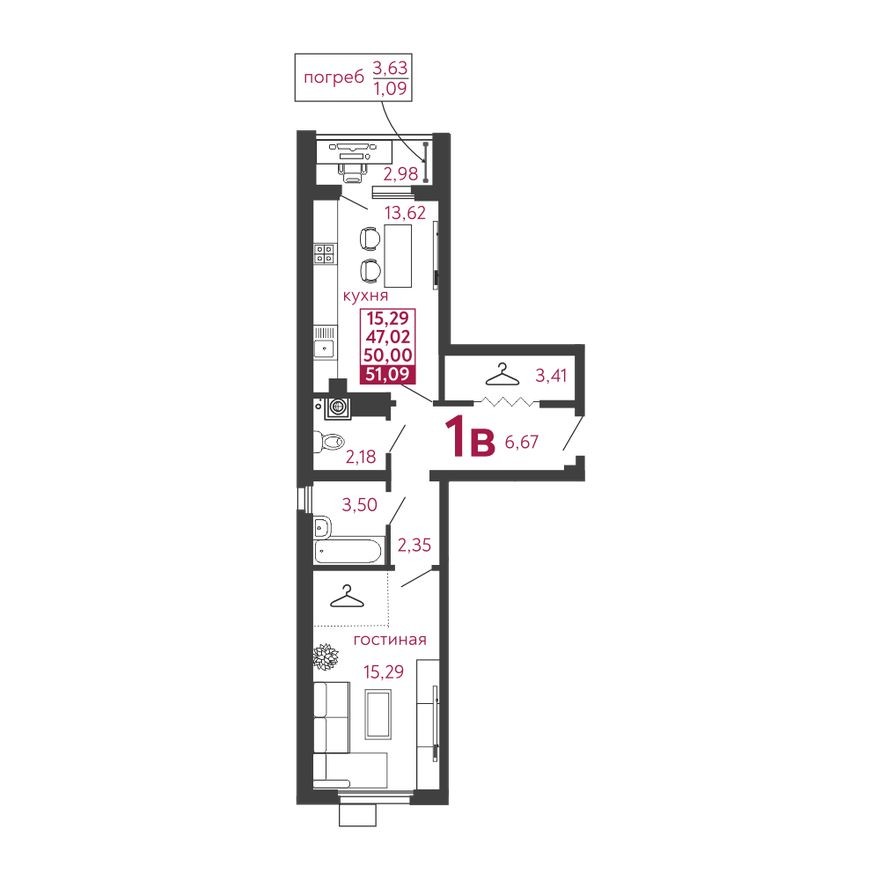 1к. квартира, 51.1 м²