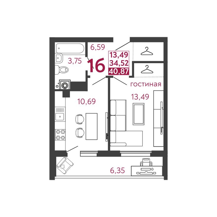 1к. квартира, 40.9 м²