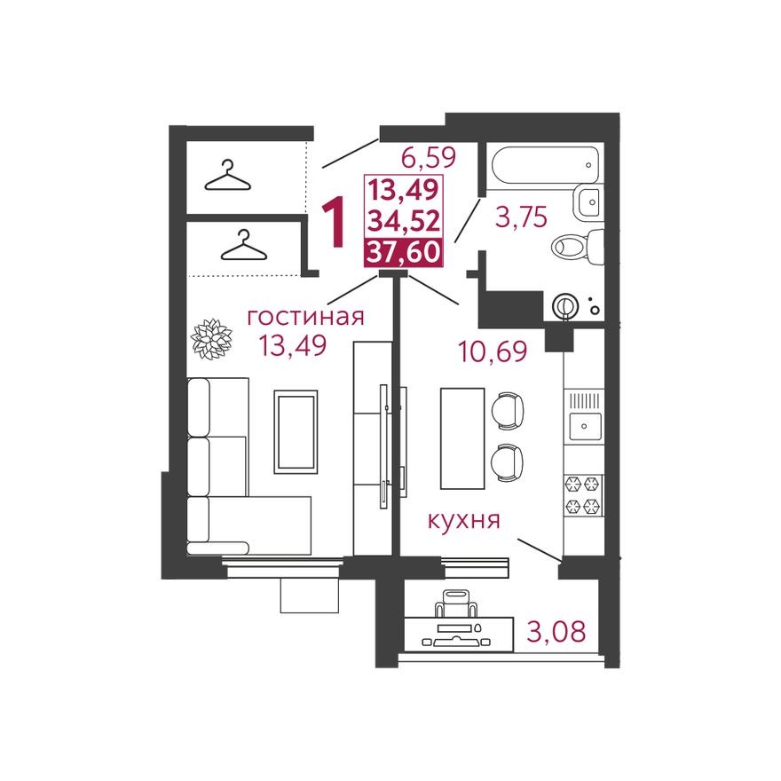 1к. квартира, 37.6 м²