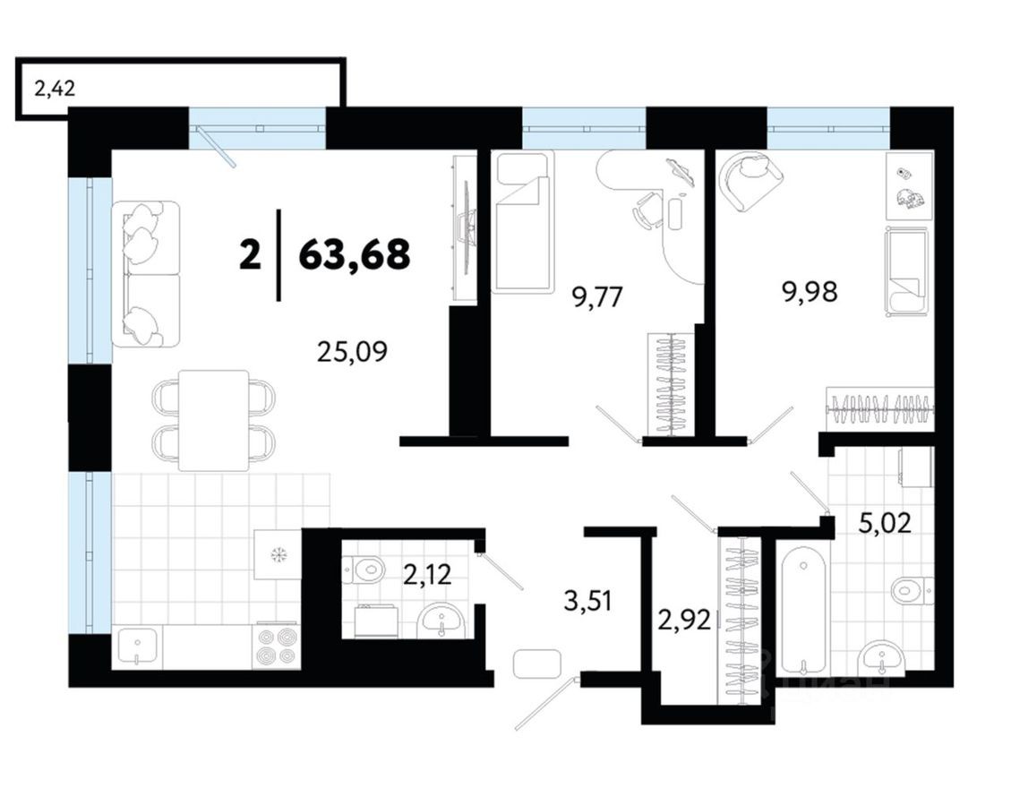 2к. квартира, 63.7 м²