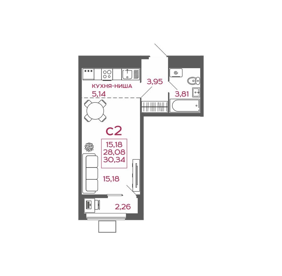 1к. квартира, 30.3 м²