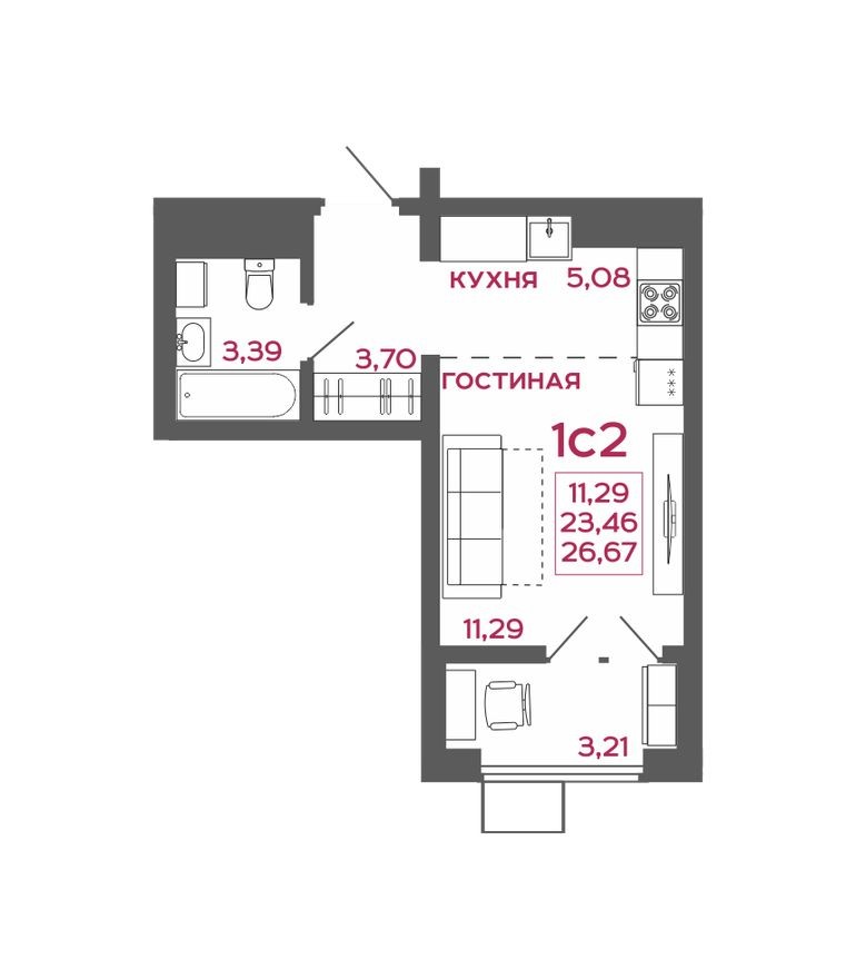 1к. квартира, 26.7 м²