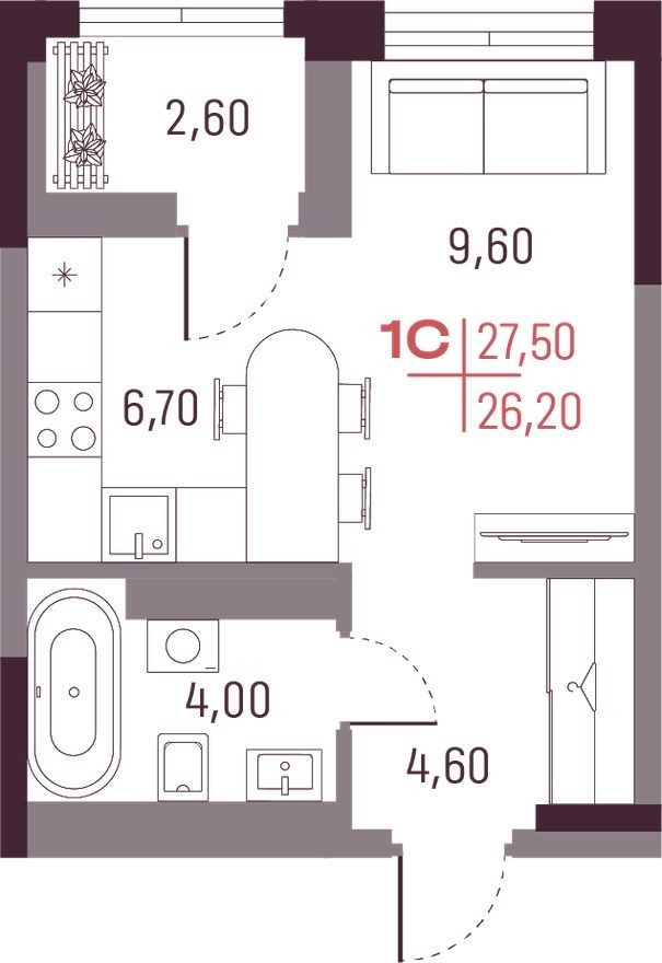 Студия-квартира, 26.2 м²