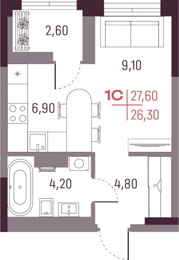 Студия-квартира, 26.3 м²