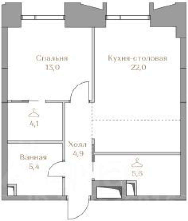 1к. квартира, 55.0 м²
