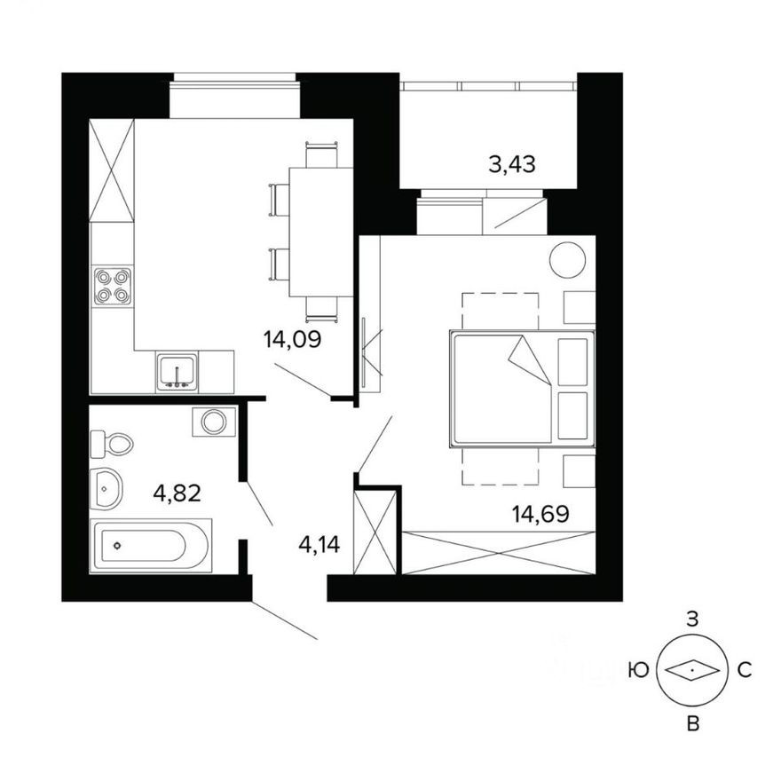 1к. квартира, 41.4 м²