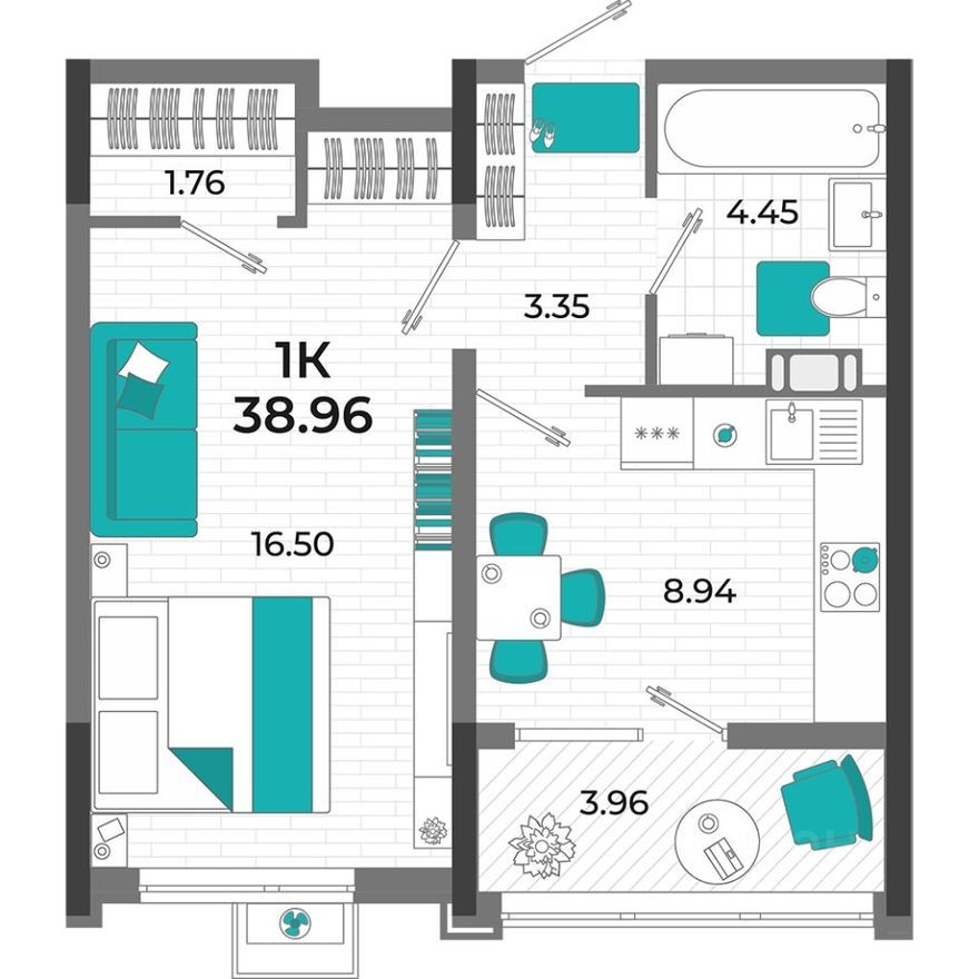 1к. квартира, 39.0 м²
