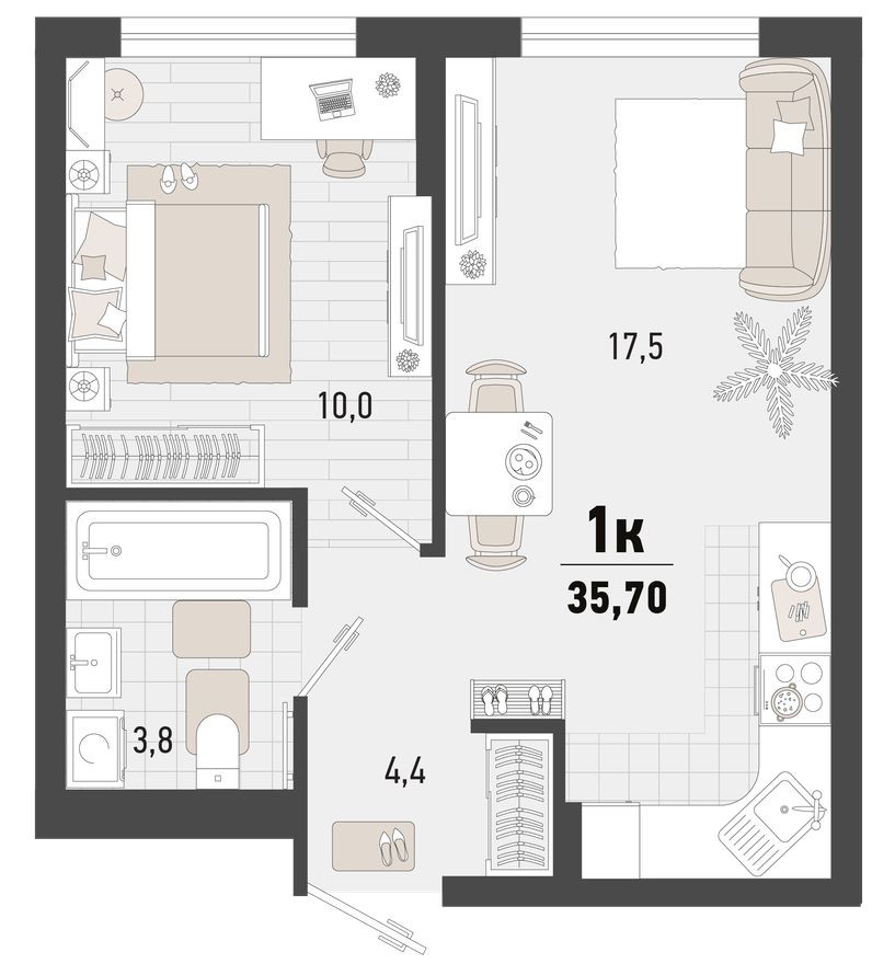 1к. квартира, 35.7 м²