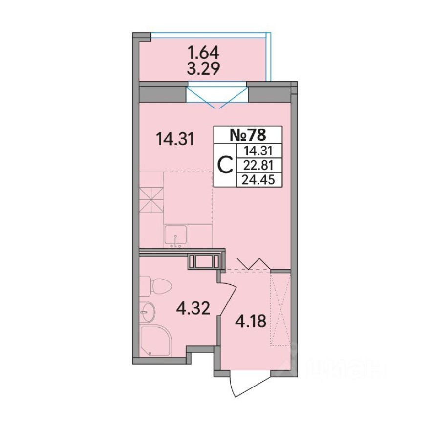 1к. квартира, 24.5 м²