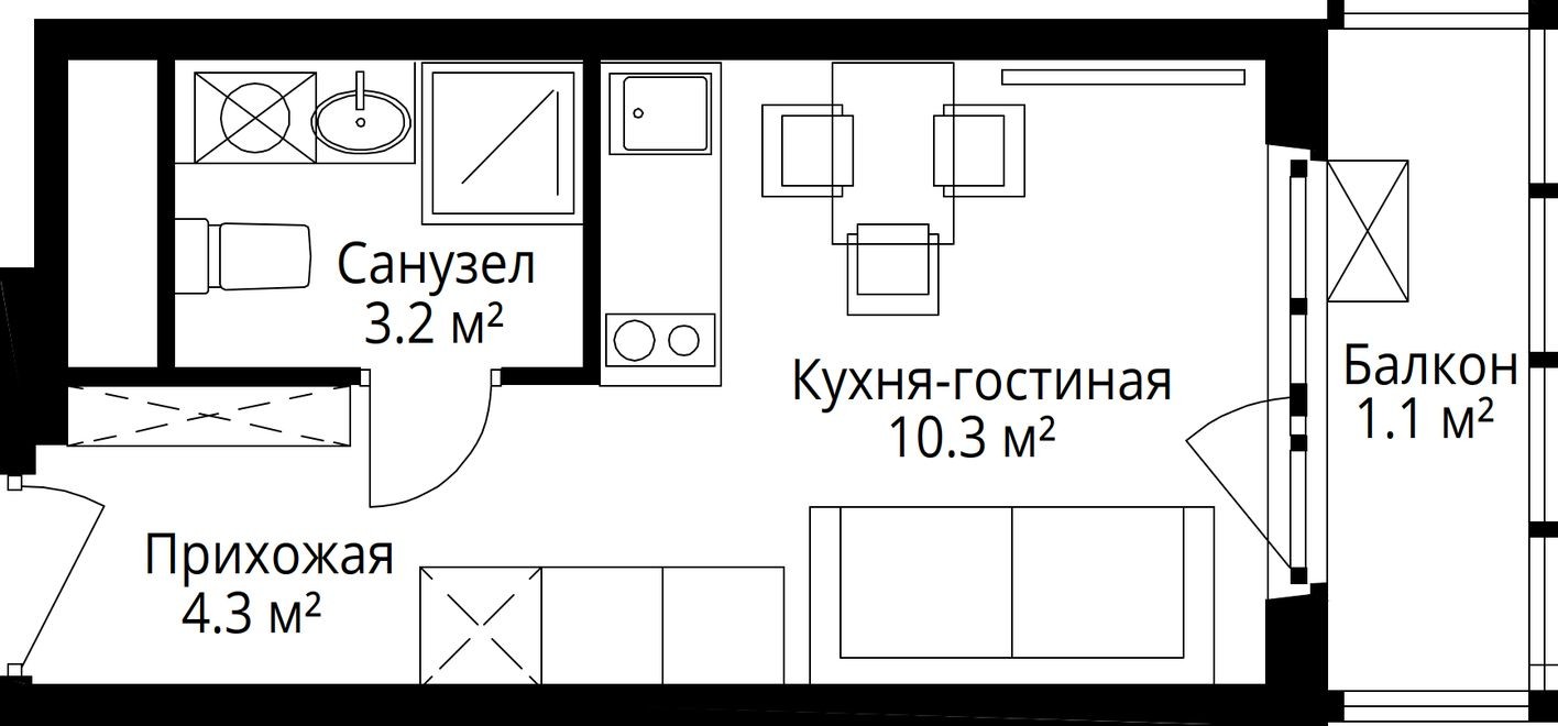 Студия-квартира, 18.9 м²