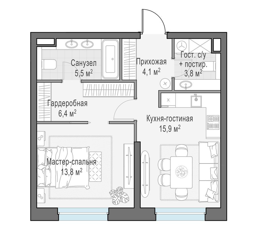 1к. квартира, 49.7 м²