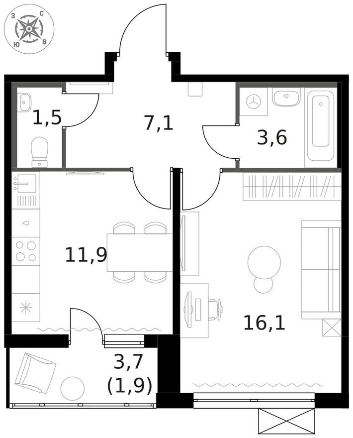 1к. квартира, 42.2 м²