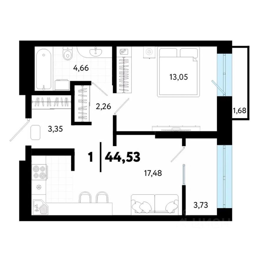 1к. квартира, 44.5 м²