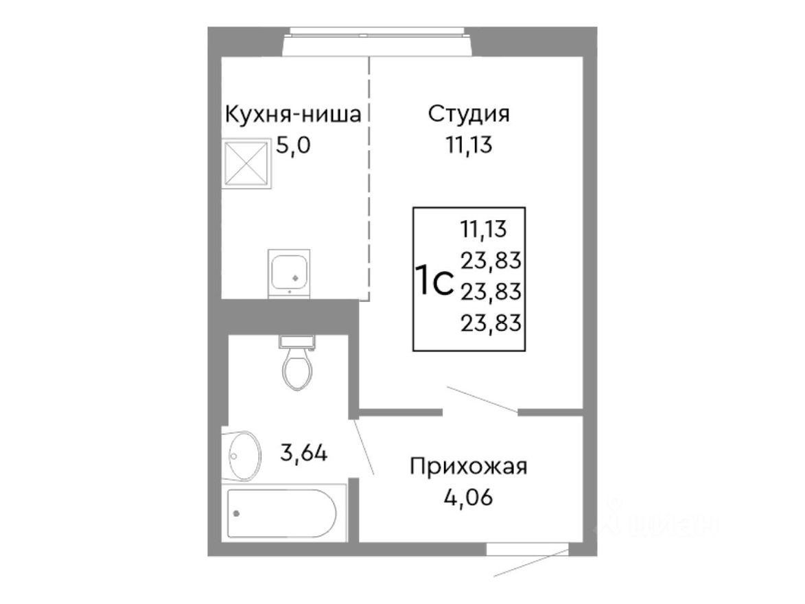 1к. квартира, 23.8 м²