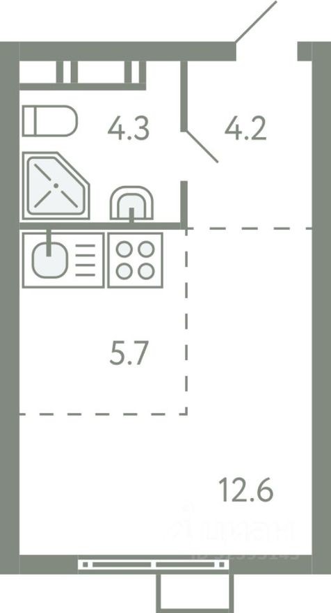 1к. квартира, 26.4 м²