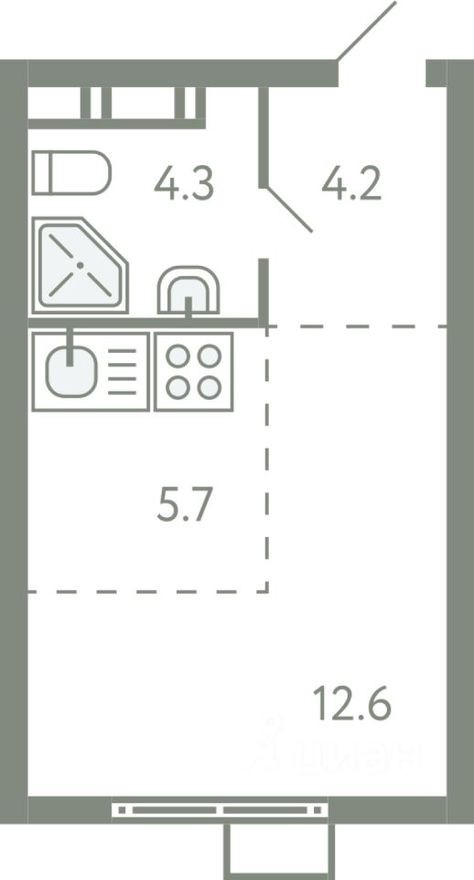 1к. квартира, 26.6 м²
