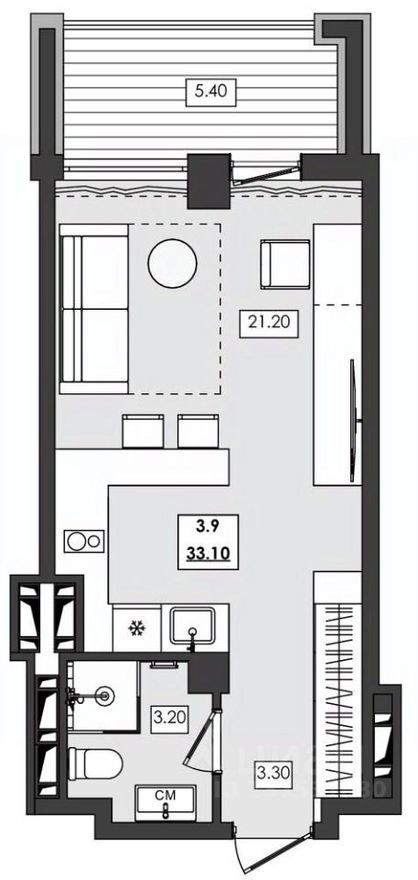 1к. апартаменты, 33.1 м²