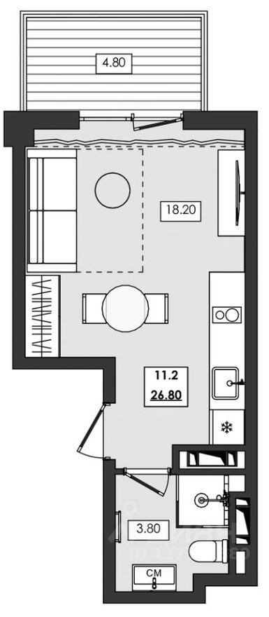 1к. апартаменты, 26.8 м²