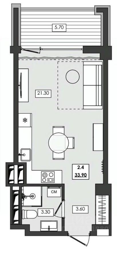 1к. апартаменты, 33.9 м²