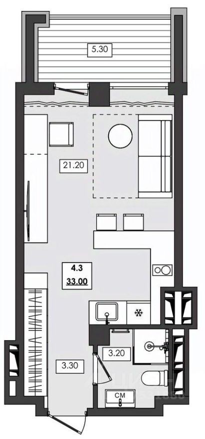 1к. апартаменты, 33.0 м²