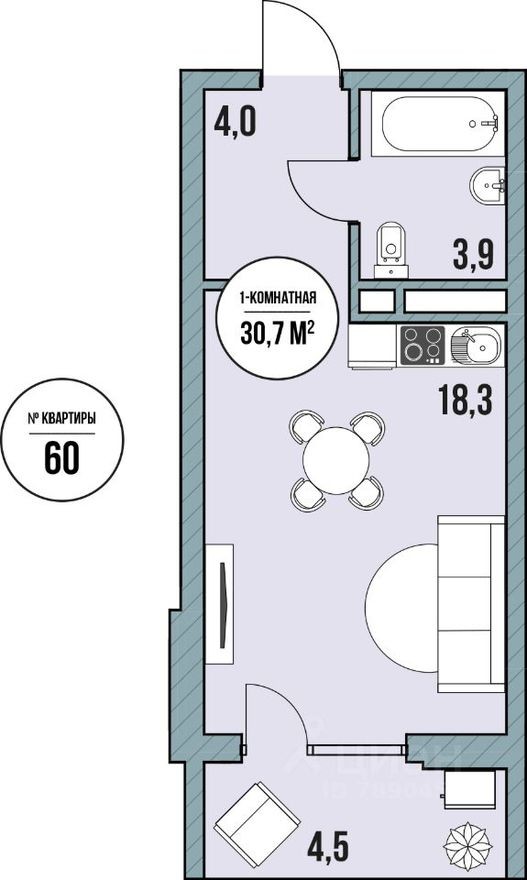 Студия-апартаменты, 27.6 м²