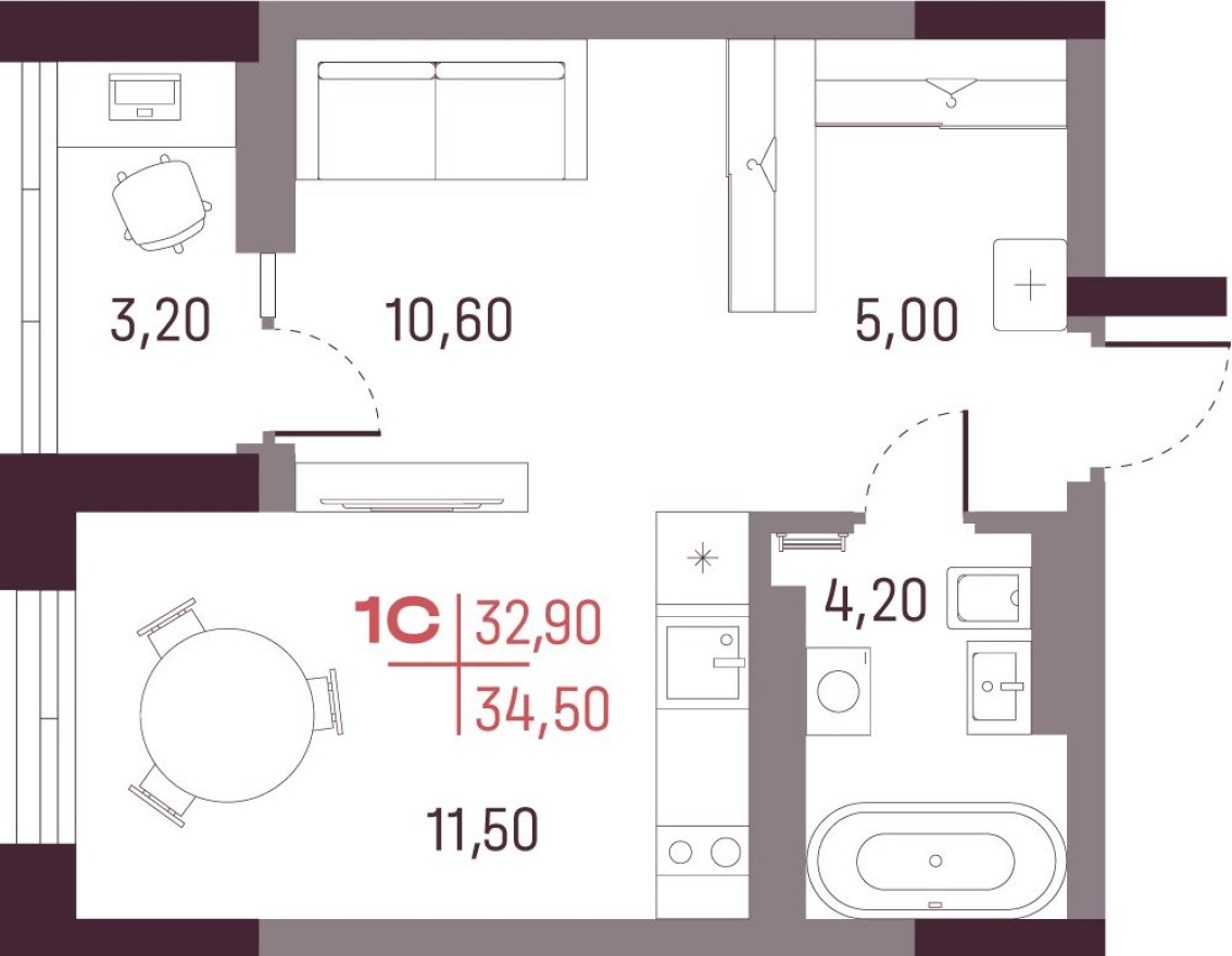 Студия-квартира, 32.9 м²