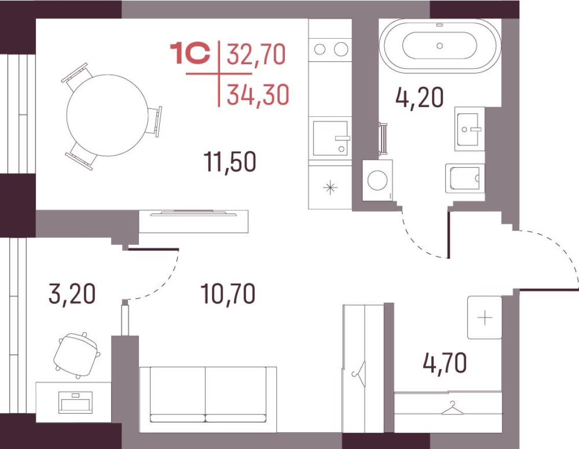 Студия-квартира, 32.7 м²
