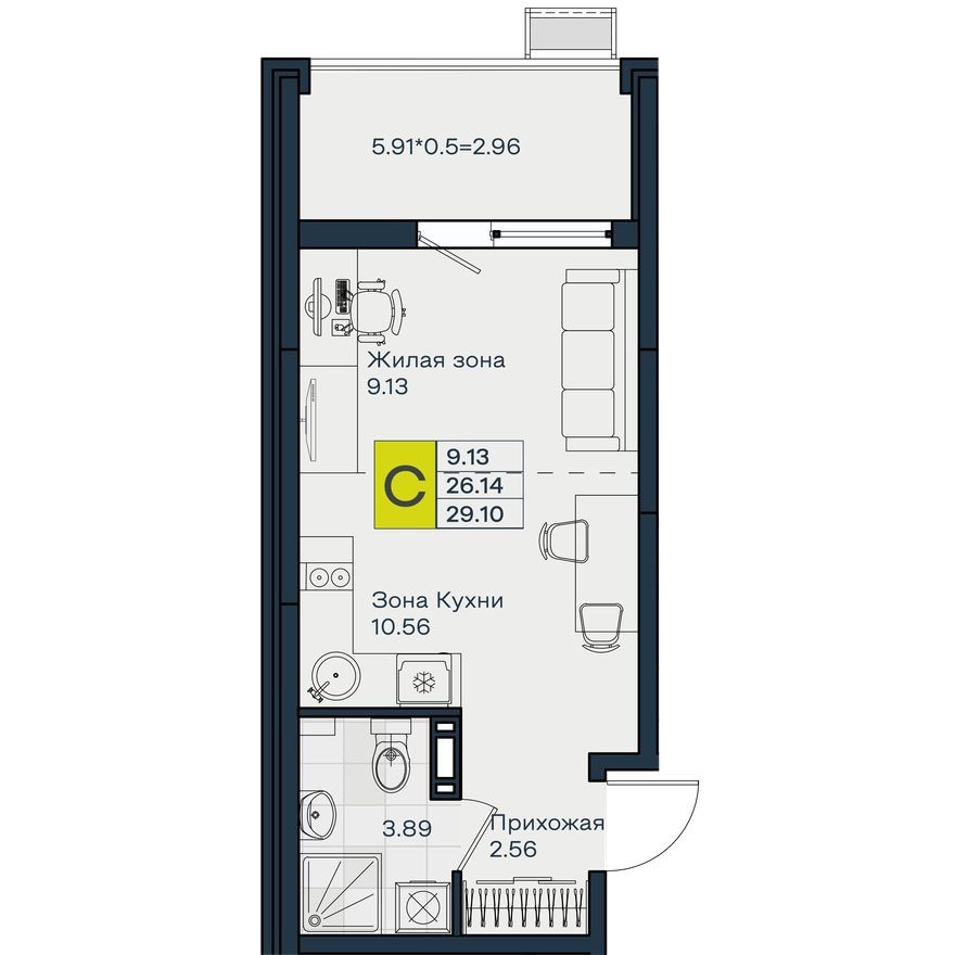 Студия-квартира, 29.1 м²