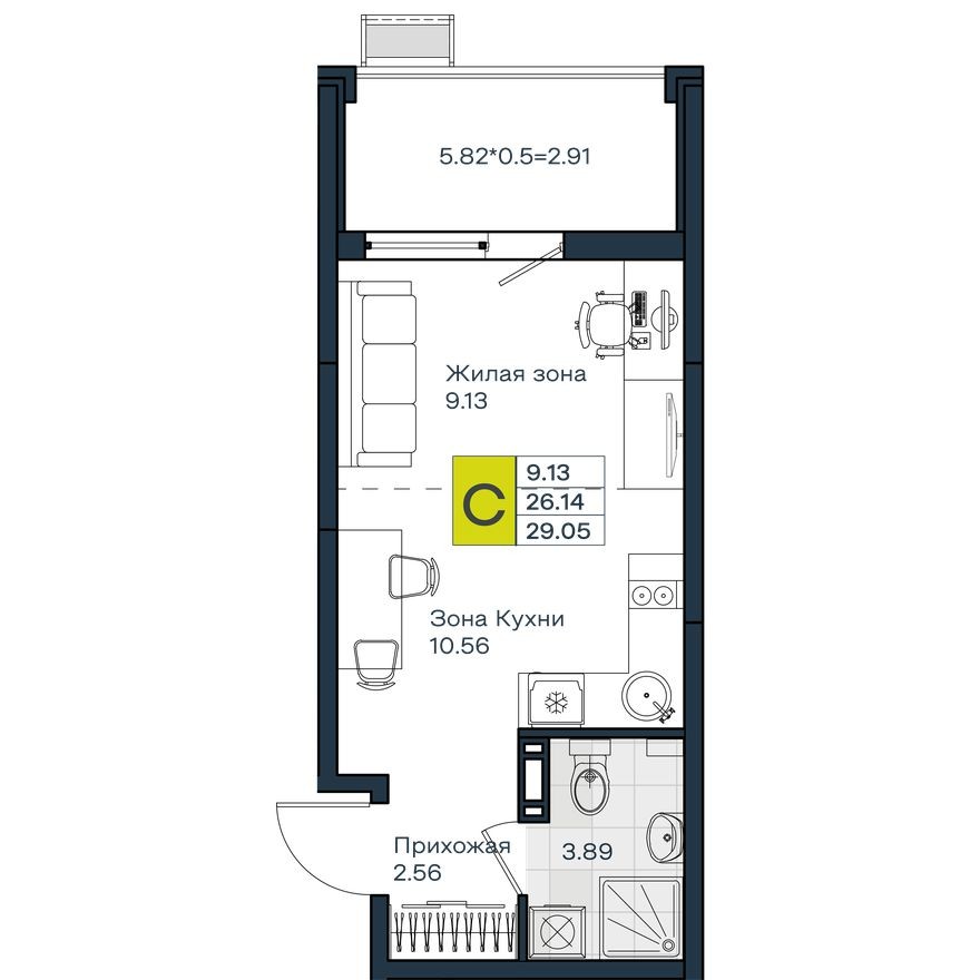Студия-квартира, 29.1 м²