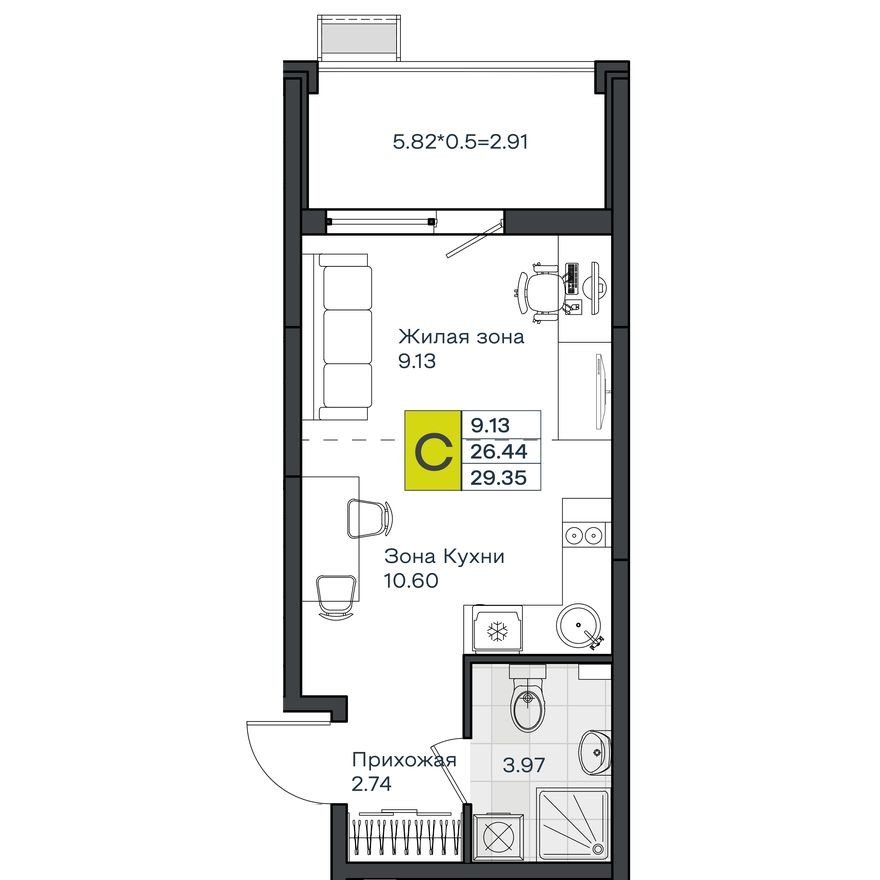Студия-квартира, 29.4 м²