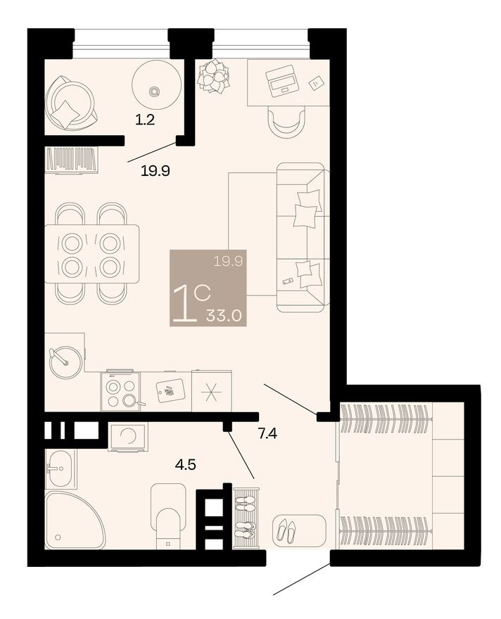 1к. квартира, 33.0 м²