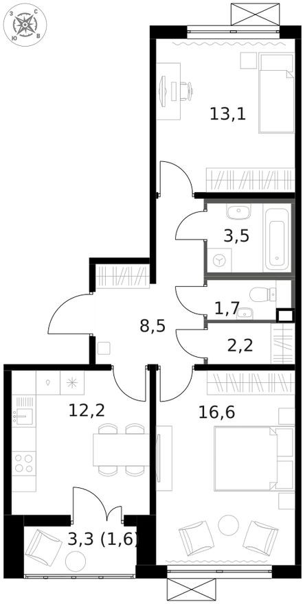 Планировка — 2к. квартира, 59.4 м²
