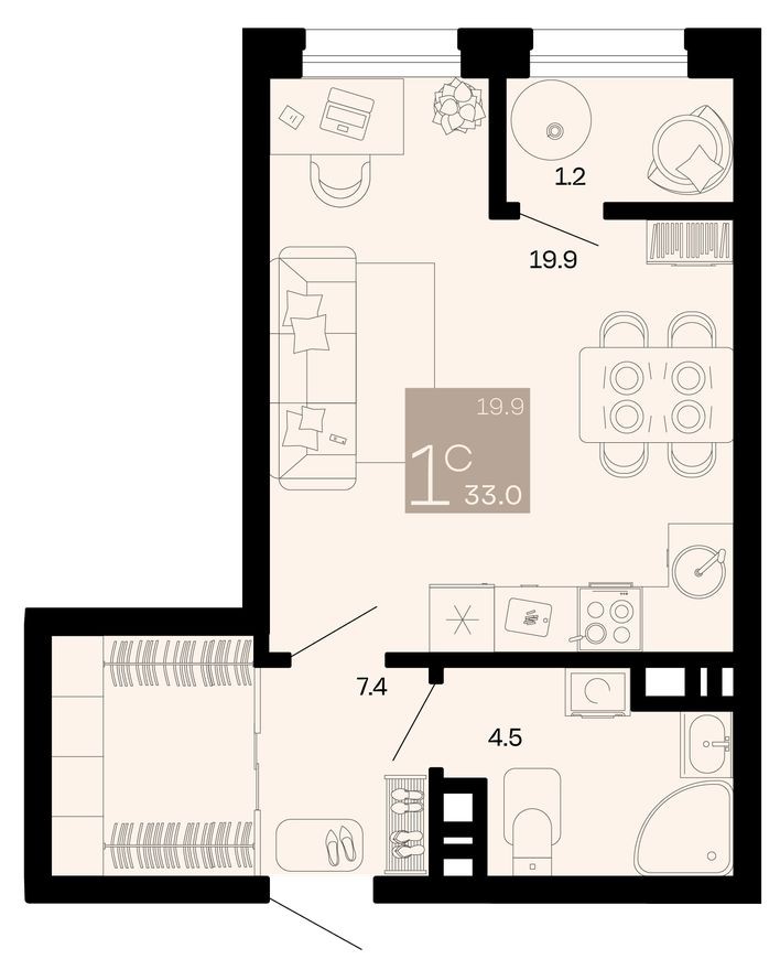 Студия-квартира, 33.0 м²