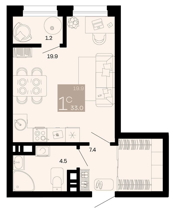 Студия-квартира, 33.0 м²