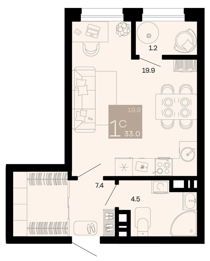 Студия-квартира, 33.0 м²